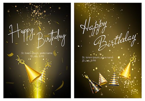 Happy birthday invitation cards with golden party hats with stripes and stars pattern and confetti. Vector posters of anniversary celebration, birthday party with realistic gold cone head caps