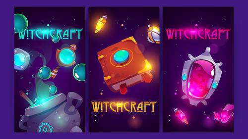 Witchcraft posters with magic amulets, mirror, book of spell, cauldron and potions. Vector vertical banners with cartoon illustration of wizard equipment, mage book, elixir flask, crystal, pendant