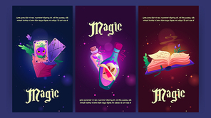 Cartoon magic posters with witch stuff, magician spell book, cards, plant and potion bottles. Witchcraft background for computer game, wizard, alchemy school education concept, Vector illustration