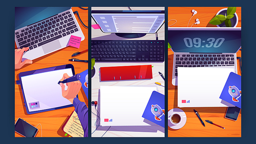 Workplace top view, designer, freelancer or office employee desks. Home work space with cup, mobile phone and documents around laptop. Place with plant and stationery, Cartoon vector illustration