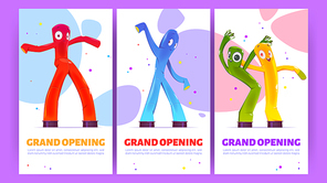 Grand opening promo posters with inflatable figures, dancing colorful men with funny faces, legs and arms. Balloon moving characters for outdoor promotion or decoration, Cartoon vector illustration