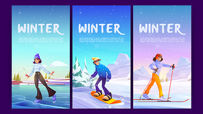 Winter sport cartoon posters with people enjoying skiing, skating and snowboarding extreme outdoors activities. Young man and woman in warm costume relaxing and fun on resort, Vector illustration