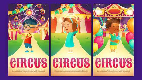 Circus cartoon ads posters, invitation to amusement park. Happy kids holding cocktail and flapper at night funfair with merry-go-round carousel, big top tent and ferris wheel Vector illustration