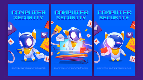 Computer security cartoon posters, cute bot on computer monitor screen protect data and media files. Hacker cyber attack protection, internet network secure digital technology, Vector promo flyers
