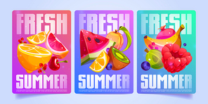 Fresh summer posters with fruit slices and berries. Vector promotion banners, advertising flyers with cartoon illustration of banana, watermelon, orange, apricot, kiwi and blueberry