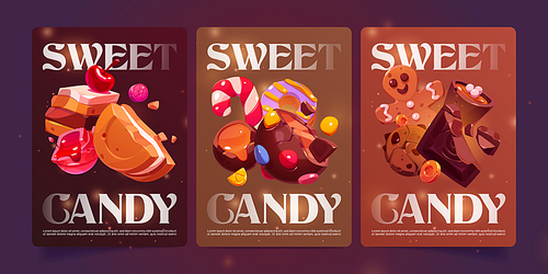 Sweet candy cartoon posters with bakery desserts, chocolate, sweets, choco praline, nuts or cocoa topping, caramel, crispy cookie and xmas gingerbread man patisserie assortment, Vector promo banners