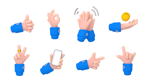 3d render hand gestures clap, ok, peace, thumb up, holding coin and smartphone, pointing with index finger and rock. Isolated human palm gesticulations, Rendering illustration in cartoon plastic style