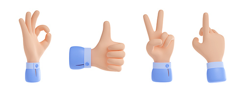 3D render set of hand sign icons isolated on white. Illustration of human fingers showing ok, thumb-up, victory and pointing gestures. Collection of ui design elements for business