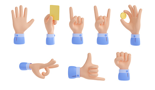 3D render hand gestures set isolated on white. High-five or greeting palm, finger pointing, fist, rock and shaka signs. Business character holding money, bank card. Body language set