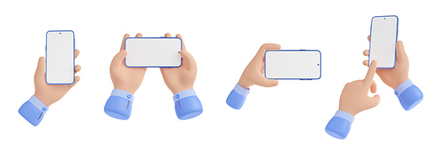 Hands with smartphone 3D illustration set. Business character using gadget mockup for conference call, watching video, browsing internet and social media, sending messages. Empty screen template