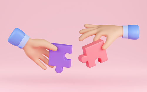 3d render hands connecting jigsaw puzzle. Business concept of partnership, teamwork cooperation, creative idea or solution, collaboration, Illustration on pink background in cartoon plastic style