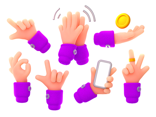 Hand gestures, symbols of victory, ok and rock. Human arms clap, hold phone and gold coin, point direction, 3d render illustration isolated on white