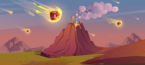 Jurassic period landscape with erupted volcano and falling meteorites. Prehistoric era of Earth, meteor rain with burning stones, lava flow and smoke. Planet evolution Cartoon vector illustration