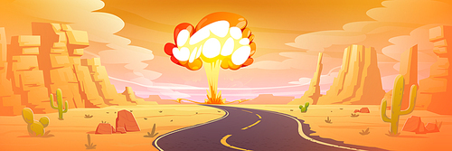 Nuclear bomb explosion in desert, nuke mushroom fire cloud rising to sky above Arizona canyon landscape with highway, cacti and rocks. Atom war, apocalypse game scene, Cartoon vector illustration