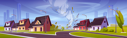Tornado crashes house in village. Nature disaster, hurricane with wind swirls. Vector cartoon illustration of summer suburban street landscape with damaged buildings and twister