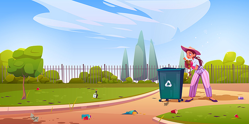 Volunteer clean up city park, girl collect garbage in public garden and put to recycling container. Polluted urban area with wastes lying on ground, pathway and green lawn, Cartoon vector illustration