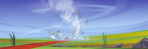 Tornado on fields with green grass and road. Vector cartoon illustration of natural disaster with storm wind swirls on summer rural landscape. Countryside scene with twister