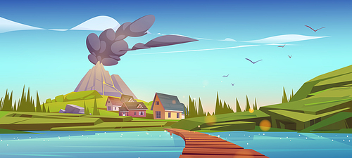 Houses and volcano with black smoke clouds. Vector cartoon illustration of volcanic eruption on summer rural landscape with village, mountain and river with wooden bridge