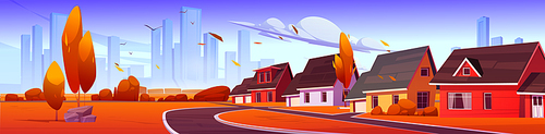 Suburb district with houses, road and city buildings on skyline in autumn. Vector cartoon illustration of orange landscape of suburban street with cottages, trees, bushes and grass