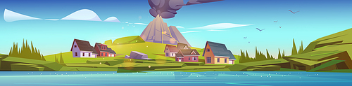 Houses and volcano with black smoke clouds. Vector cartoon illustration of volcanic eruption on summer rural landscape with village, mountain and river coast