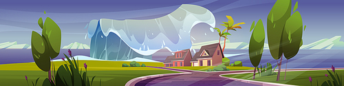 Sea beach with houses and tsunami wave. Panorama with natural disaster, ocean storm. Vector cartoon illustration of tropical landscape with buildings, road and trees flood by big water wave