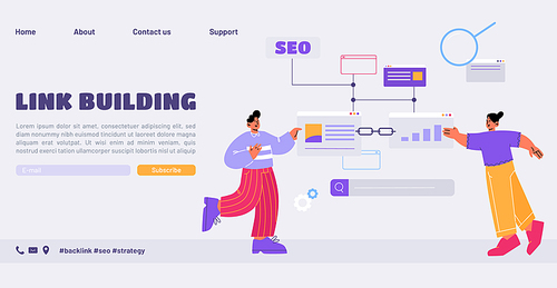Link building landing page. Characters use search engine optimization, SEO, hyperlink connection between online websites. Successful strategy for home page development, Line art flat vector web banner