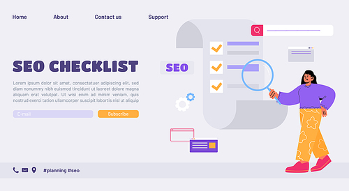 Seo checklist banner. Concept of search engine optimization audit, technical quality analysis. Vector landing page with flat illustration of women with magnifier and list with check boxes