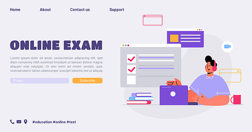 Online exam landing page, distant educational classes concept with student watch webinar via video conference internet connection. School lesson through laptop screen, Line art flat vector web banner
