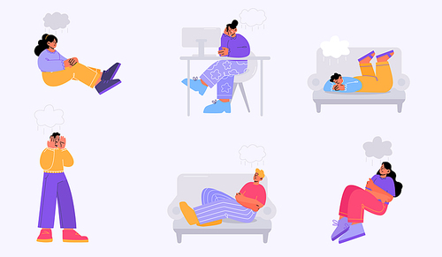 Sad, depressed people with rain cloud in different poses. Vector flat illustration of mental health disorder, psychology problems with unhappy lonely men and women