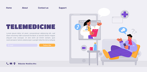 Telemedicine banner. Concept of online healthcare consultation, virtual meeting with medic. Vector landing page of telehealth service with flat illustration of physician on phone screen and patient