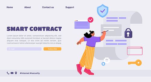 Smart contract banner with woman sign digital document. Concept of online signature service, electronic security of information. Vector landing page with flat illustration of person and agreement