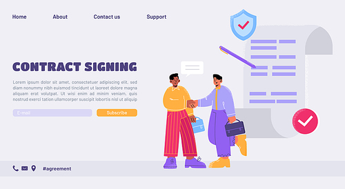Contract signing landing page. Business partners handshaking after good deal. Businesspeople meeting, corporate partnership, shaking hands, agreement during negotiation Line art flat vector web banner