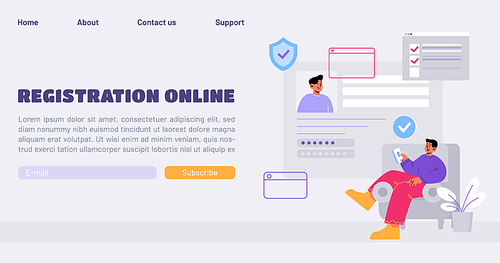 Online registration and sign up landing page. Man signing up to internet account with user interface, character insert personal information, secure login and password, Line art flat vector web banner
