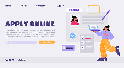 Service of apply online, register form on website. Vector landing page of digital admission and application registration with flat illustration of woman completes request online