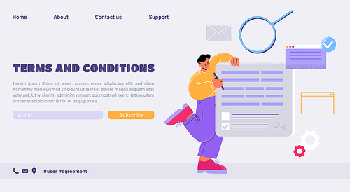 Terms and conditions landing page. Account security, privacy policy, user agreement business concept. Man signing document, law compliance, standard for quality control Line art flat vector web banner