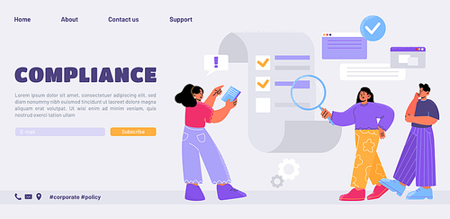 Compliance landing page, characters read corporate rules. Representation of business laws, regulations and standards, ethical practices, terms of firm concept, Line art flat vector web banner