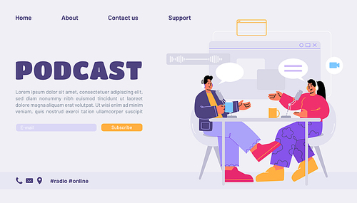 Podcast landing page, radio host interviewing guest on radio station. Man and woman in headphones sitting at desk, talking with speech bubbles and drinking coffee, Line art flat vector web banner
