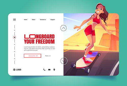 Longboard your freedom cartoon landing page. Young woman riding skateboard along the road at summer rocky landscape. Skater girl enjoying recreation, sports activity, summer fun, Vector illustration