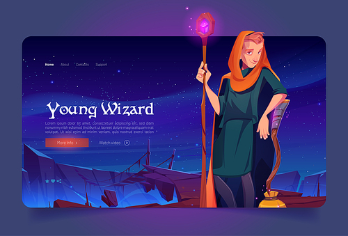 Young wizard banner with man sorcerer with magic staff and broom on rock with hanging rope bridge over abyss at night. Vector landing page with cartoon illustration of magician in medieval cloak