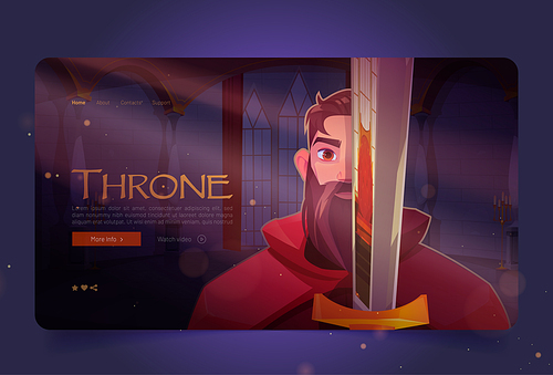 Throne cartoon landing page, ancient warrior with sword in medieval castle hall, knight, heraldic soldier guard with blade. Fairy tale kingdom character, game or book personage, Vector web banner