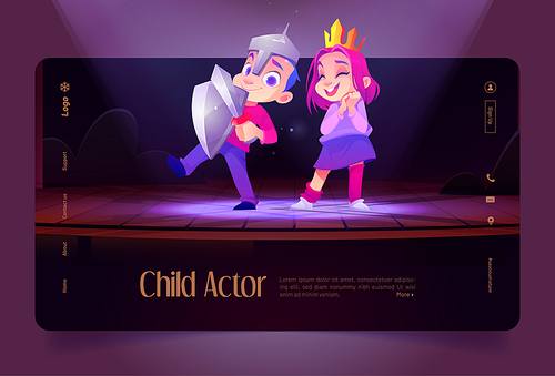 Children actors on theatre stage in school or kindergarten, kids playing roles of knight and princess on theatre scene illuminated with spotlights, boy and girl performing, Cartoon vector illustration