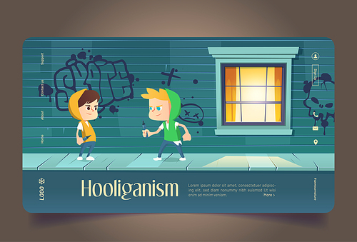 Hooliganism cartoon landing page, teenagers drawing graffiti on building, kids making inscription. Teens vandals in ghetto, young hooligans, ruffian, street artists, rowdy characters Vector web banner