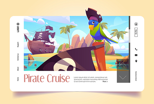Pirate cruise banner with parrot in hat and corsair ship in sea. Vector landing page with cartoon illustration of piracy bird on beach of tropical island with rocks, palm trees and wooden sailboat