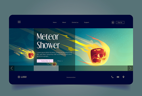 Meteor shower banner with falling fireballs on background of starry sky. Vector landing page of asteroid rain with cartoon illustration of flying meteorites with fire
