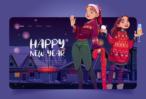 Happy New year cartoon landing page. Cheerful women wear knit sweaters and Santa Claus hat drink champagne on night winter street, Merry Christmas greetings, party celebration, Vector web banner