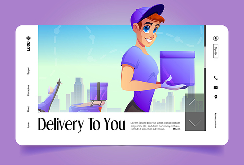 Delivery service banner with courier, box and scooter. Shipping parcels, food from restaurant and orders from store. Vector landing page with cartoon illustration of deliver man with motorcycle