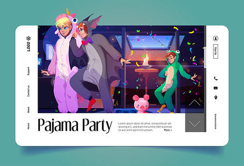Pajama party banner with people in kigurumi dance on house attic. Vector landing page of slumber party cartoon illustration of mansard interior with characters in funny pyjamas