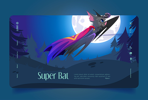 Superhero bat in cape flying on background of full moon. Super bat banner with funny character in costume. Vector landing page with cartoon night landscape with forest and animal hero