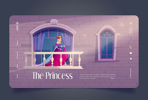The princess cartoon landing page, medieval royal girl in crown and dress stand at palace balcony with railings. Invitation to cosplay event, costume ball, fairy tale game, book, Vector web banner
