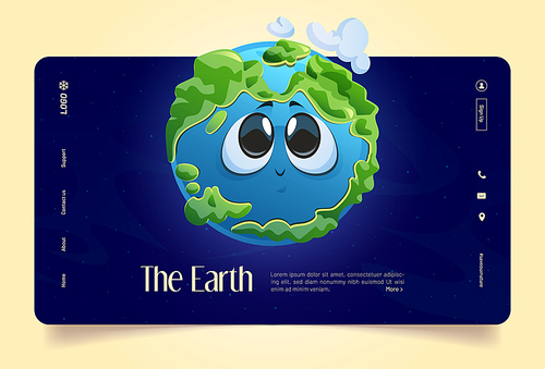 Earth banner with cute planet character in outer space. Vector landing page with cartoon illustration of funny green Earth with oceans and clouds on background of cosmos with stars